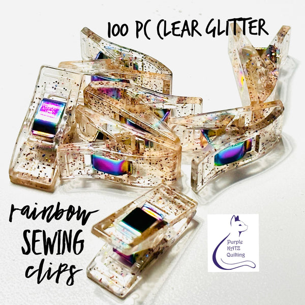 NEW - Rainbow Glitter Sewing Clips - Clear- 100 pc