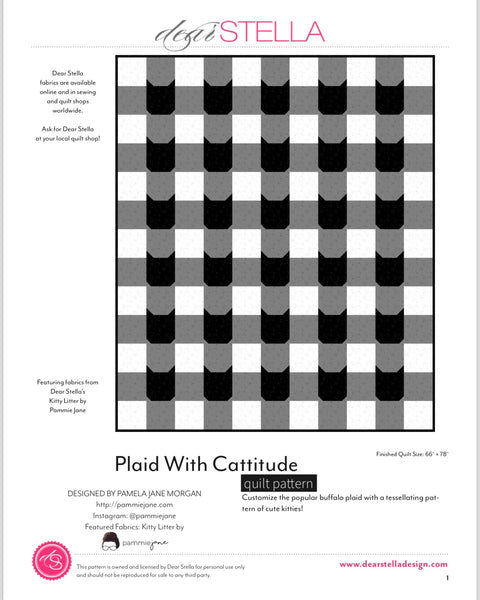 Pammie Jane Kitty Litter- PLAID with CATitude Quilt - Black and White - 66”x78”