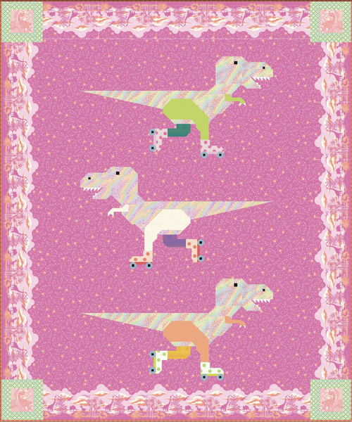 Collaboration with Art East Quilting Company 💜🦖 DINORAMA - TREX on roller skates  Quilt Kit in your choice of Colorway - Preorder April 2024