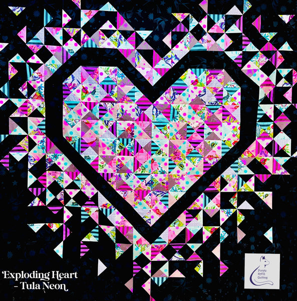 NEW 💜Exploding Heart Quilt KIT -  Tula Pink NEON on Black Fairy Flakes INK Background
